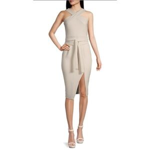 NWT Lavish Alice BRIELLE CURVE OBI BELTED HALTERNECK MIDI DRESS IN SAND